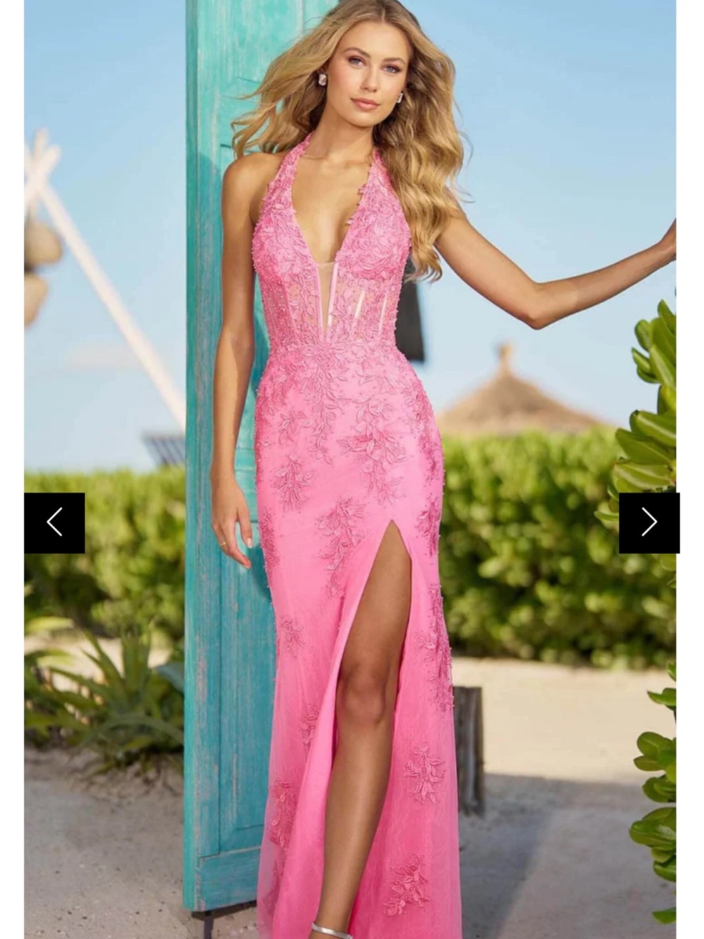 Sherri Hill Pink Halter Lace Appliqué Prom Gown with Thigh Slit